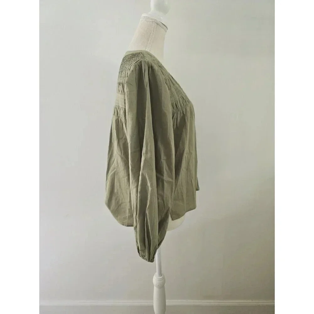 Cleobella River Pintuck Cotton Puff Sleeves Button Up Olive Green Blouse Top S - Picture 7 of 10